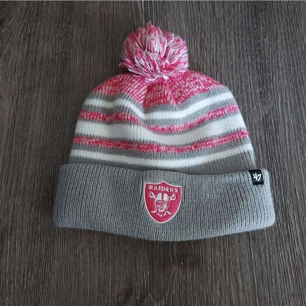 47 Brand Kids Pink and Gray Knit Raiders Hat with Pom-Pom
